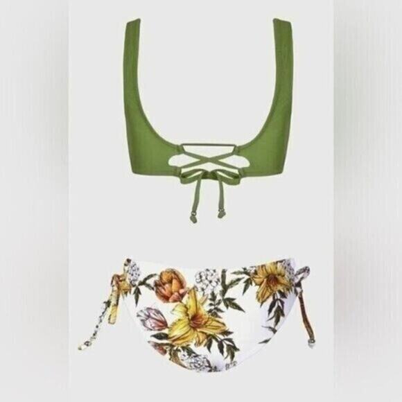 Cupshe Women’s Bikini Set Small Green Floral Print Two Piece Swimsuit Side Tie - Picture 5 of 8